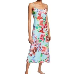 Natori Private Luxuries Blue Floral Fairy Whimsical Satin Slip Dress Medium